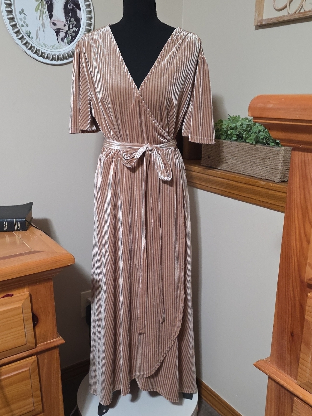 Simplee Apparel Velvet Pleated Wrap Maxi Dress in Blush Taupe